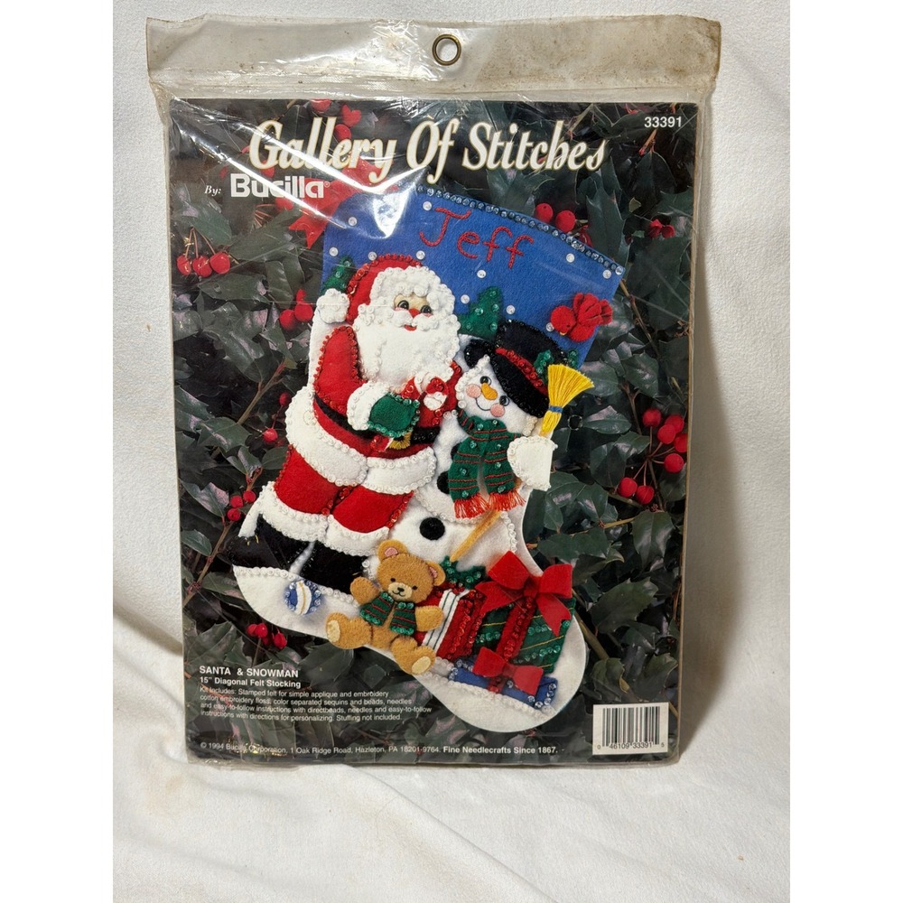 Vintage 1994 Bucilla Santa & Snowman 15" Felt Stocking Kit 33391 Gallery Stitch